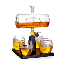 Whiskey Decanter Set with Handcrafted Glass Sailing and Wooden Base for Bourbon and Wine Lovers