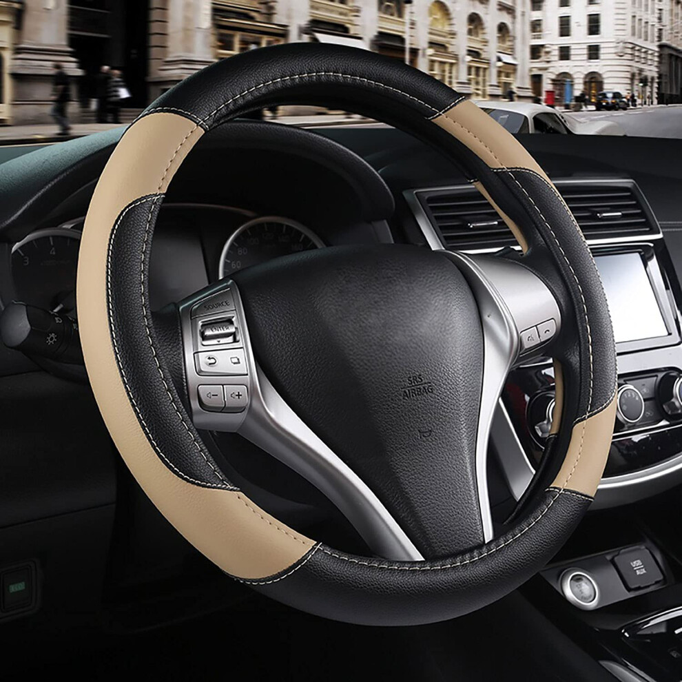 Car Steering Wheel Cover Leather 15 Inch Antislip Breathable Universal Fit Beige 9001264684471