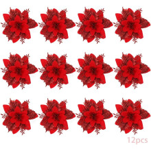 Strålande julstjärneprydnader, flerskiktade glitterblommor för slitstarka juldekorationer av tygplast, konstgjorda blommor för riktiga