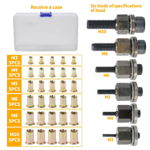 Hand Rivets Nut Tool Sets with Box M3 M5 M6 M8 M10 Rivet Flat Head Acc 2
