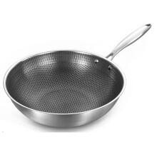 13.4 Inch Stainless Steel Nonstick Wok Pan with Honeycomb Texture for Induction and Gas Stoves