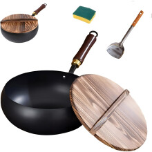 Cast Iron Wok with Wooden Lid, Handmade Hammered Belly Pan for Japanese Stir Fry, 20cm Uncoated Thick Pot