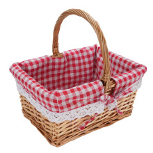 Square Wicker Picnic Basket with Lid and Removable Liner, Small Handwoven Outdoor Storage (Red Plaid)