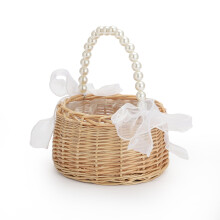 Bruidsbloemenmandje voor het bloemenmeisje, elegant handgeweven rieten bloemenmandje met parelmoeren handvat en strik, veelzijdig decoratief rieten