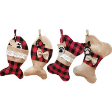 Weihnachtsfreude, Jute-Weihnachtsstrümpfe für Haustiere, Schleifendesign, stilvolles Karomuster, personalisiert, für den Kamin, rot-schwarzes