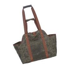 Canvas Shopping Bag, Wooden Holder for Fireplace, Large Firewood Sacks, Canvas, Light Brown