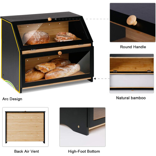 Large Wooden Bread Box with Plexiglass Window, Extra Large Double Layer Bread Storage for Kitchen Counter 2