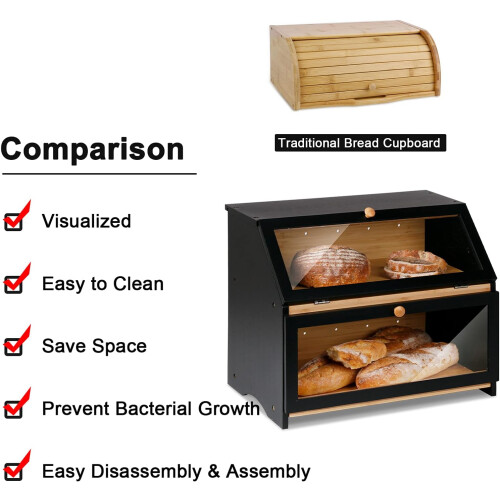 Large Wooden Bread Box with Plexiglass Window, Extra Large Double Layer Bread Storage for Kitchen Counter 1