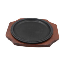 Sizzling Steak Plate Cast Iron Griddle Pan Nonstick with HeatResistant Wooden Base Japanese Style Black Large