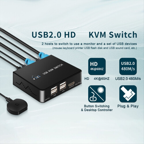 USB KVM Switcher 2 in 1 Out Laptop Printer Shared Switch 4K 60HZ Keybo 2
