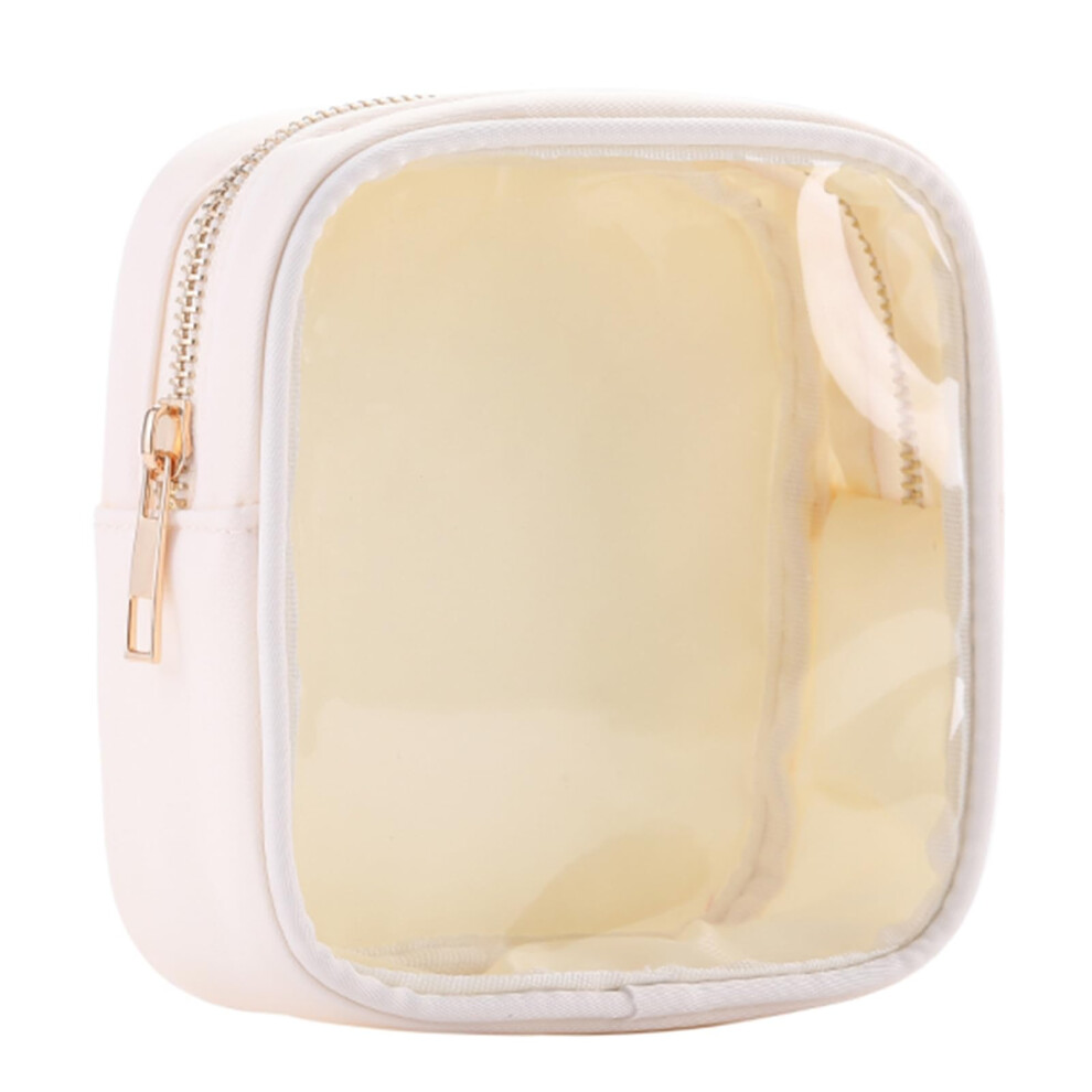 Transparent cosmetic bag with zipper, mini makeup, PVC, waterproof, travel organizer, beige.