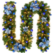 Elegante silberblaue, beleuchtete Weihnachtsgirlande, dekorative, batteriebetriebene Magnolien-Winterdekoration mit Timerfunktion für den Innen- und
