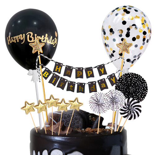 Σετ διακόσμησης τούρτας Happy Birthday 17 τεμαχίων, μαύρα και χρυσά διακοσμητικά