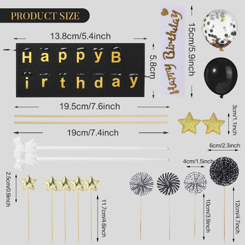 Σετ διακόσμησης τούρτας Happy Birthday 17 τεμαχίων, μαύρα και χρυσά διακοσμητικά 1