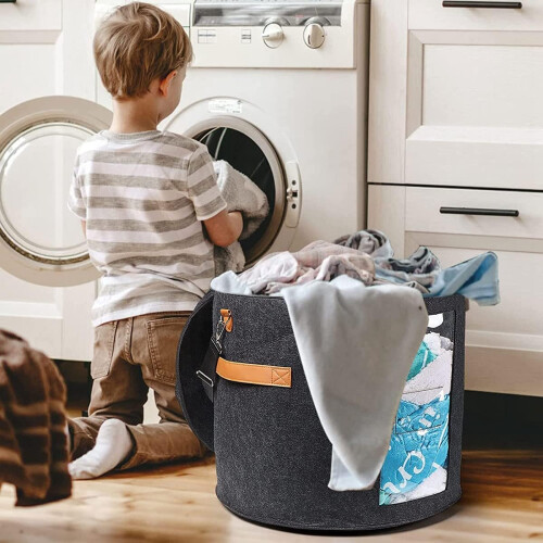 Round Hat Storage Box with Lid – Foldable Organizer for Clothes, Toys, Dark Grey 1