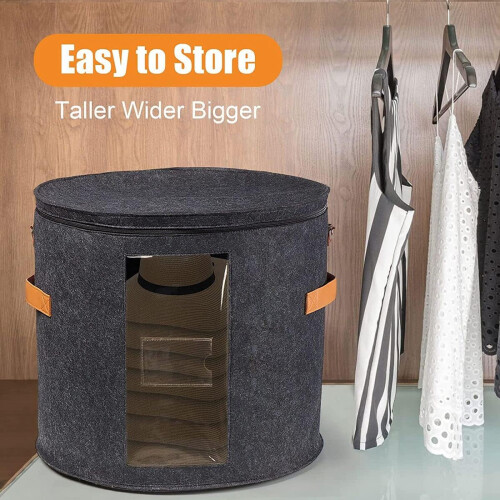 Round Hat Storage Box with Lid – Foldable Organizer for Clothes, Toys, Dark Grey 2