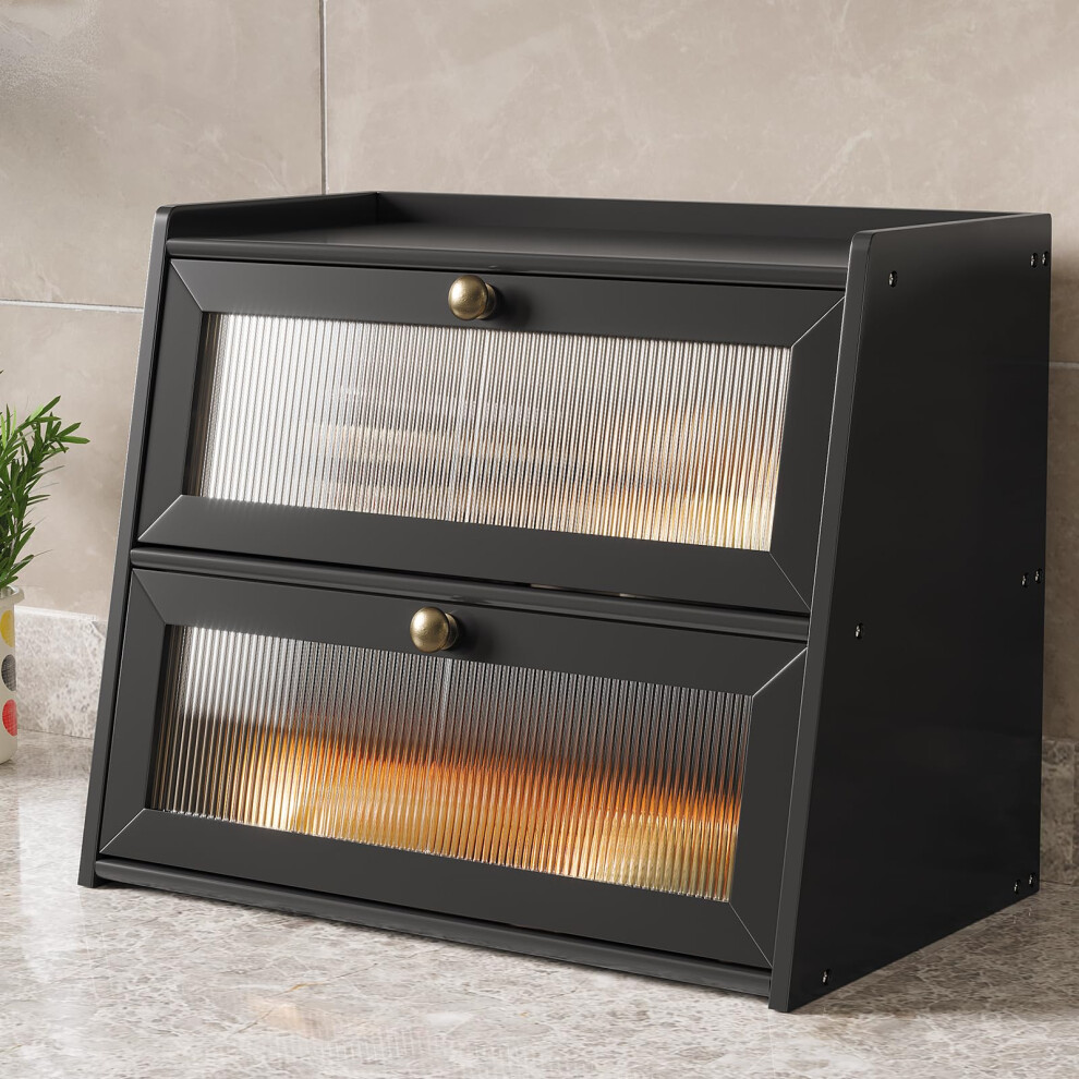Large Capacity Bamboo Bread Box With Acrylic Window, Double Layer Wooden Bread Storage Bin For Kitchen Counter Black