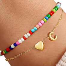 Layering Heart Charm Bracelet With Colorful Beads Initial-C