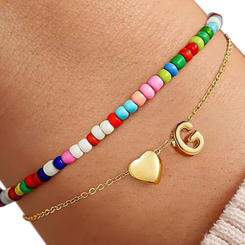 Double Layer Heart Charm Bracelet With Colorful Beads Initial-G