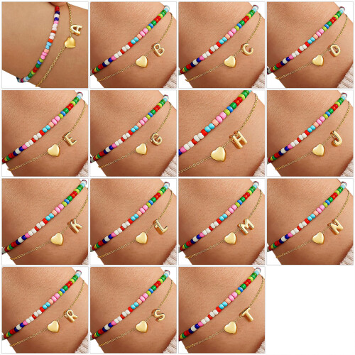 Double Layer Heart Charm Bracelet With Colorful Beads Initial-G 1