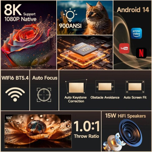 Mini Proyector - BAZARLAND30 - HY350MAX - Full HD 1080p - Android 14 - WiFi 6, Bluetooth 5.4 1