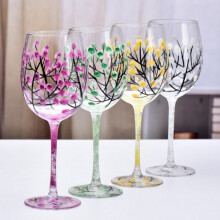 Hand Painted Wine Glasses Set of 4 Four Seasons Tree of Life Crystal Goblets for Wedding Gift