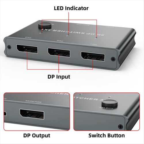 DP Switcher with Three Inputs and One Output for Computer Screen 8K@30 2