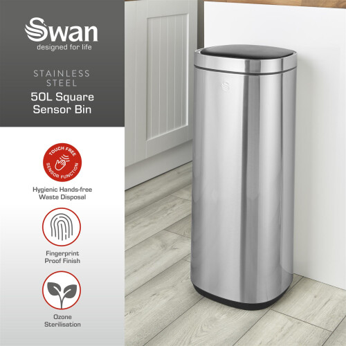 Swan Swan Square Sensor Bin with Hands-Free Opening Using Motion Sensor Technology, Bin Liner Retainer Ring, SWKA4515SS 1