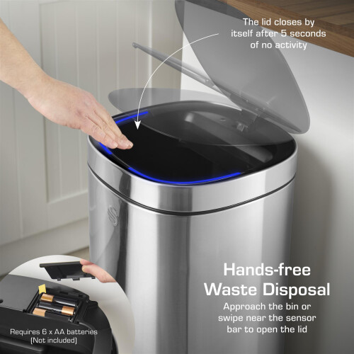 Swan Swan Square Sensor Bin with Hands-Free Opening Using Motion Sensor Technology, Bin Liner Retainer Ring, SWKA4515SS 2