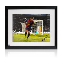 Lamine Yamal Signed Barcelona Football Photo: Goal. Framed