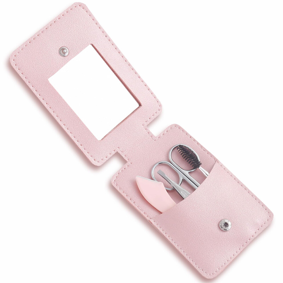Pink Eyebrow Trimmer Kit 5In1 With Scissors Razor Tweezer Brush Mirror For Women Bag