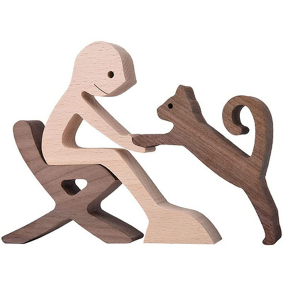 Wooden Family Statue, Handmade Pet Carved Wood Sculpture Desktop Decor 4852494383697