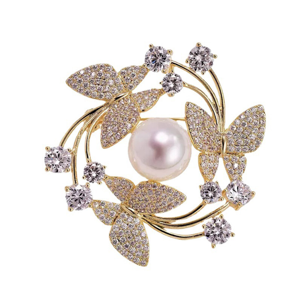 Gold Fashionable Butterfly And Flower Brooch Pearls-Color