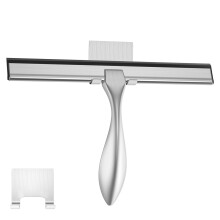 Stainless Steel Shower Squeegee 10 Inch with Hook for Glass Doors, Windows, Mirrors, Brushed Silver