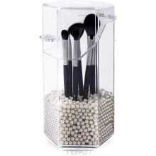 Make-upborstelkubus, praktisch cadeau met borstelreiniger, transparant acryl met parels voor snelle toegang (verbeterde versie met waterdicht