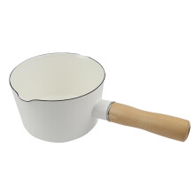 Enamel Milk Pan with Dual Pour Spout and Wooden Handle, NonStick Butter Warmer for Kitchen