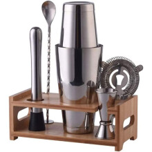 Stainless Steel 6Piece Cocktail Shaker Set with Wooden Stand and Bar Mat for Home or Bar