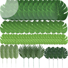 60 Pcs 6 Kinds Artificial Leaves Tropical Plant Leaves Faux Monstera Leaves Stems for Hawaiian Luau Party Decorations, Jungle Beach Theme Party