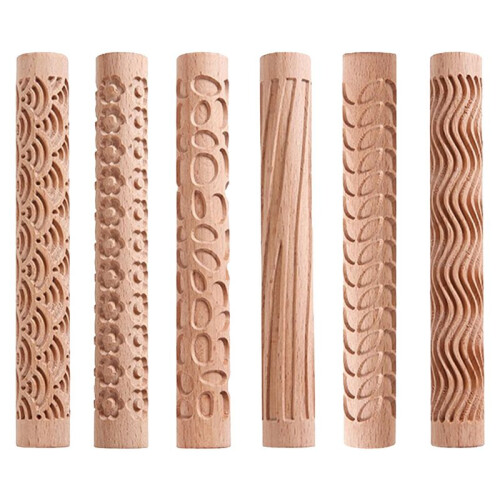6 St Clay Modeling Patterns Rollers, Texture Rollers för Clay Trähandtag Keramikverktyg Stars Wood Wave