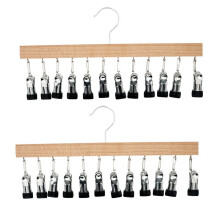 Wood Hanger for Pants, Wooden Pants Hangers with 12 Nonslip Clips, Set of 2 Legging Organizer for Closet, Hangers Hold