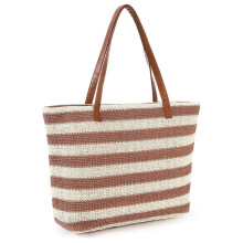 Large Straw Bag Beach Tote Bag Soft Tote Bag with Zipper Beach Handbag with Stripe Woven Shoulder Bag Khaki