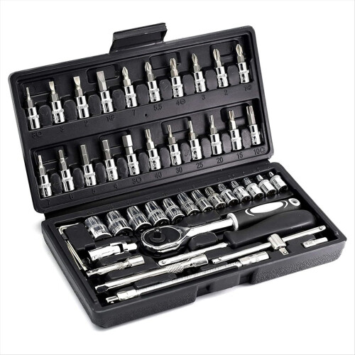 46PCS Drive Socket Set,Metric Ratchet Wrench Set with -V Sockets,S2 Bi