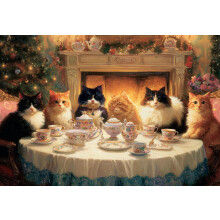Rompecabezas de 500 piezas de madera para adultos, diseño navideño de gato, fiesta de té, chimenea acogedora, arte festivo.