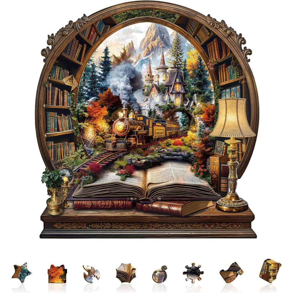 Drewniane Puzzle "PociąG W KsiążCe" - 100 ElementóW, Unikatowe KształTy, Kreatywne Prezenty Na Halloween-image