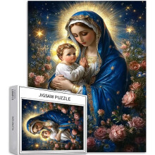 Quebra-cabeça de 1000 peças da Virgem Maria segurando o Menino Jesus (Theotokos), tema cristão, atividade desafiadora para toda a família.