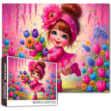 1000 Piece Cute Flower Girl Whimsical Puzzle with Colorful Blossoms - Pink Dress Tulip Bouquet Fantasy Garden