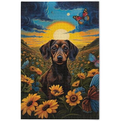 Παζλ 1000 τεμαχίων με κουτάβια Dachshund και ηλιοτρόπια - Δώρο για παιδιά, διακόσμηση σπι