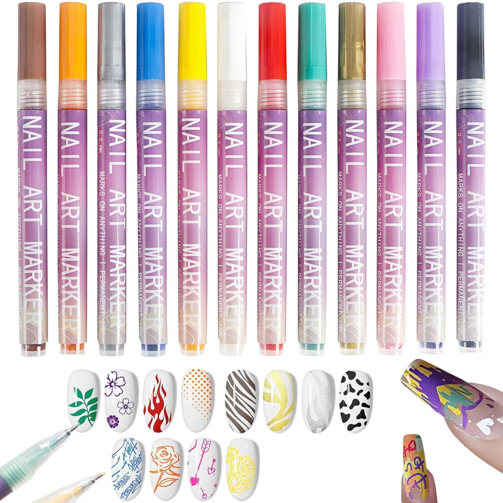 Oimg 12 Colours Nail Art Pens For Painting Nails, Diy Acrylic Drawing Dotting Liner Polishing Graffiti Detailing Tool