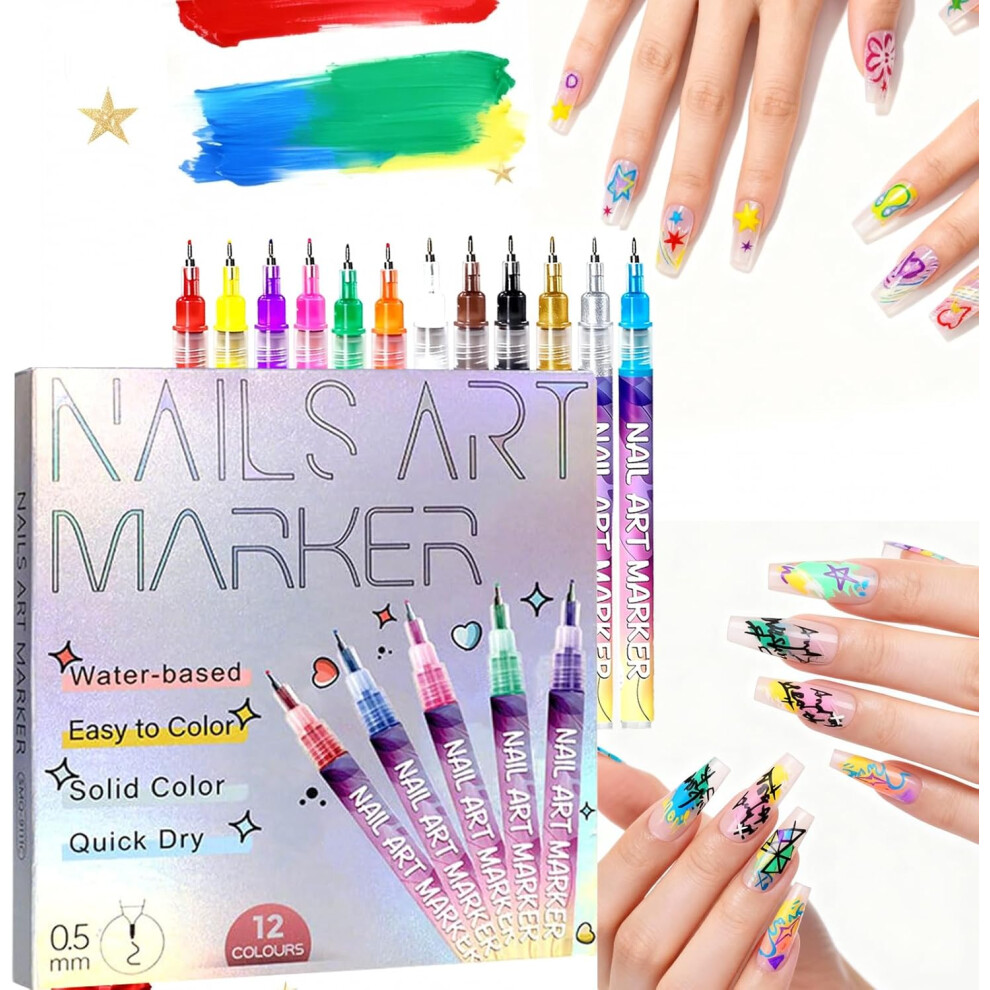 Oimg 12 Colours Nail Art Pens Set, 0.5Mm Fine Tip Markers For Dotting Drawing, Quick Dry Polish Pens Diy Professional Kit