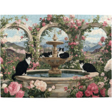 Dřevěné puzzle Tuxedo Cats od Rose Garden Fountain, 500 dílků - Romantická květinová krajina, zvířecí scéna